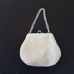 VINTAGE Goldco Hong Kong Silver Beaded Evening Bag Kiss Lock Bridal Wristlet